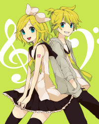 Rule 34 | 1boy, 1girl, back-to-back, bad id, bad pixiv id, bare shoulders, black thighhighs, blonde hair, blue eyes, bow, brother and sister, grin, hair bow, hair ornament, hairclip, hands in pockets, highres, jacket, kagamine len, kagamine rin, monaco (rmn02), musical note, necktie, open mouth, sailor collar, short hair, siblings, simple background, skirt, sleeveless, smile, thighhighs, twins, vocaloid, yellow necktie, zettai ryouiki
