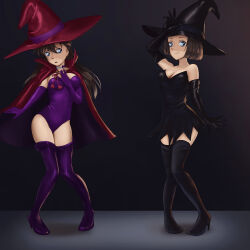Rule 34 | 2girls, black background, black dress, black gloves, black headwear, blue eyes, boots, breasts, brown hair, cape, choker, cleavage, closed mouth, dress, elbow gloves, female focus, full body, gloves, hand on own chest, hand on own head, hat, heels, highres, knees together feet apart, leotard, long hair, looking at another, looking at viewer, medium breasts, meitantei conan, mouri ran, multiple girls, pigeon-toed, purple gloves, purple leotard, purple thighhighs, red cape, red headwear, short hair, smile, standing, storm92, strapless, strapless dress, strapless leotard, suzuki sonoko, thigh boots, thighhighs, thighs, white choker, witch hat