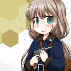 Rule 34 | 1girl, bag, blue coat, coat, commentary request, cosplay, dolphin, flying sweatdrops, green eyes, grey hair, gun, handgun, holding, honeycomb (pattern), honeycomb background, kantai collection, long hair, looking at viewer, low twintails, messenger bag, mikura (kancolle), nambu type 14, ouno (nounai disintegration), shoulder bag, solo, souya (kancolle), souya (kancolle) (cosplay), twintails, upper body, weapon