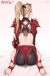 Rule 34 | 1girl, armor, artist name, ass, backless outfit, barefoot, bed sheet, black legwear, blonde hair, blue eyes, blush, braid, commentary request, earrings, feet, from behind, full body, gradient background, hair ornament, highres, hip vent, jewelry, laserflip, long hair, looking back, mole, mole under eye, monster hunter, monster hunter: world, monster hunter (series), odogaron, odogaron (armor), personification, ponytail, profile, rope, seiza, shoulder armor, sitting, soles, solo, stirrup legwear, toeless legwear, toes