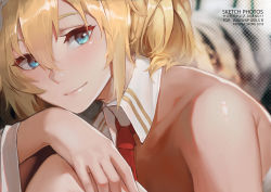Rule 34 | 1girl, bare shoulders, blonde hair, blue eyes, blush, breasts, character request, closed eyes, closed mouth, collarbone, commentary request, detached collar, hair between eyes, knee up, large breasts, looking at viewer, pandea work, red neckwear, sitting, smile, solo, warship girls r