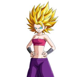 Rule 34 | 1girl, blonde hair, blue eyes, breasts, caulifla, cleavage, crop top, dragon ball, dragon ball super, hands on own hips, looking at viewer, medium breasts, navel, official art, pants, purple pants, smile, solo, super saiyan