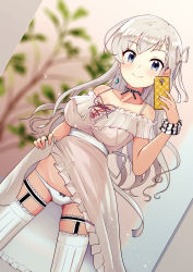 Rule 34 | 1girl, blue eyes, blurry, blurry background, braid, breasts, cleavage, clothes lift, commentary request, commission, dress, dutch angle, earrings, grey hair, hair ribbon, highres, hisakawa hayate, holding, holding phone, idolmaster, idolmaster cinderella girls, jewelry, large breasts, long hair, milkmochi, neck ribbon, off-shoulder dress, off shoulder, panties, phone, ribbon, see-through, selfie, skeb commission, skirt, skirt lift, solo, thighhighs, underwear, white panties