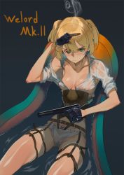 Rule 34 | 1girl, belt, black background, blonde hair, blouse, bolt action, breasts, character name, cigar, cleavage, corset, frown, girls&#039; frontline, gloves, green eyes, gun, handgun, integral suppressor, integrally-suppressed firearm, manual firearm, no bra, olys, open clothes, open shirt, panties, pistol, shirt, short hair, simple background, smoke, solo, suppressor, thigh strap, thighs, two side up, underwear, v-shaped eyebrows, weapon, welrod, welrod mk ii, welrod mkii (girls&#039; frontline), wet, wet clothes, white shirt