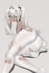 Rule 34 | 1girl, artist request, ass, bare shoulders, bow, breasts, cameltoe, dark-skinned female, dark skin, dress, embarrassed, expressionless, eyepatch, from below, girls&#039; frontline, green eyes, hair bow, highres, hs.50 (girls&#039; frontline), huge ass, long hair, looking at viewer, medium breasts, pantyhose, shiny clothes, shiny skin, sideboob, silver hair, skirt, solo, sweatdrop, thick thighs, thighs, torn clothes, torn pantyhose, twintails, upskirt, white background, white pantyhose