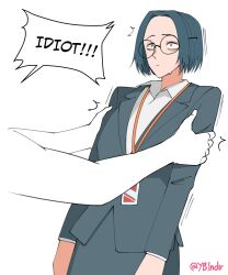 Rule 34 | 1girl, 1other, blue eyes, blue hair, blue jacket, blue skirt, collared shirt, commentary, english commentary, glasses, highres, holding another&#039;s arm, id card, jacket, office lady, original, round eyewear, shaking, shirt, skirt, speech bubble, sweatdrop, white background, white shirt, yblndr