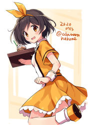 Rule 34 | 1girl, alternate costume, blush, brown eyes, brown hair, buttons, dated, drink, drinking straw, holding, holding tray, kantai collection, odawara hakone, one-hour drawing challenge, open mouth, short hair, short sleeves, smile, solo, tanikaze (kancolle), tray, twitter username, wrist cuffs