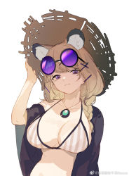Rule 34 | 1girl, animal ears, arknights, bikini, braid, breasts, brown hair, cleavage, eyewear on head, fang, fang out, hair ornament, hairclip, hand on headwear, hat, highres, jewelry, large breasts, necklace, official alternate costume, purple eyes, rocco, side braid, simple background, skin fang, solo, straw hat, sunglasses, swimsuit, swimsuit cover-up, utage (arknights), utage (summer flowers) (arknights), weibo watermark, white background