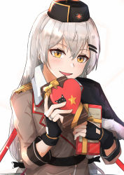 Rule 34 | 1girl, absurdres, belt, black gloves, black headwear, brown jacket, chocolate, fingerless gloves, food, gift, girls&#039; frontline, gloves, green hair, happy valentine, hat, highres, holding, holding chocolate, holding food, holding gift, jacket, jewelry, long hair, looking at viewer, military hat, muteppona hito, open mouth, ring, shirt, solo focus, svd (girls&#039; frontline), valentine, white background, white shirt, yellow eyes