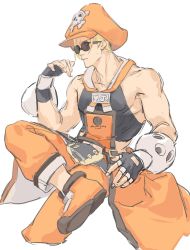Rule 34 | 1boy, amatuki, belt, blonde hair, blue eyes, cosplay, guilty gear, guilty gear xrd, hat, highres, johnny (guilty gear), may (guilty gear), may (guilty gear) (cosplay), muscular, muscular male, orange hat, pirate, pirate hat, sitting, skull and crossbones, solo, sunglasses
