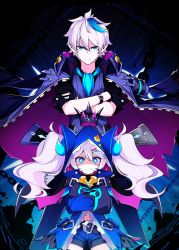 Rule 34 | 1boy, 1girl, bad id, bad pixiv id, belt, black gloves, blue coat, blue hair, blue horns, blue neckwear, chain, ciel (elsword), closed mouth, coat, coat on shoulders, crossed arms, crown, dreadlord (elsword), elsword, fingerless gloves, floating, floating object, frown, gloves, gradient hair, gun, hair between eyes, hair ornament, hairclip, half gloves, height difference, hood, hood up, horns, looking at viewer, luciela r. sourcream, manamachii, multicolored hair, navel, partially fingerless gloves, pink hair, pointy ears, shaded face, sleeves past fingers, sleeves past wrists, sleeves rolled up, slit pupils, smile, thighhighs, torn, torn clothes, torn coat, twintails, weapon, zipper