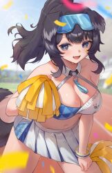 Rule 34 | 1girl, animal ears, bangle, bare shoulders, black hair, blue archive, blue eyes, blurry, bracelet, breasts, bright pupils, cheerleader, cleavage, confetti, crop top, depth of field, detached collar, dog ears, dog girl, dog tail, eyewear on head, goggles, goggles on head, halterneck, hibiki (blue archive), hibiki (cheer squad) (blue archive), highres, holding, holding pom poms, jewelry, large breasts, leaning forward, mao mao juzhang, millennium cheerleader outfit (blue archive), miniskirt, navel, open mouth, pom pom (cheerleading), pom poms, ponytail, skirt, skirt tug, smile, star sticker, sticker on face, tail, track and field