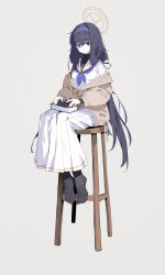 Rule 34 | 1girl, absurdres, black hair, black pantyhose, blue archive, blue eyes, blue hairband, blue neckerchief, book, breasts, closed mouth, commentary request, dress, feishi, full body, grey background, hairband, halo, highres, jewelry, long hair, long sleeves, looking at viewer, medium breasts, neckerchief, necklace, no shoes, off shoulder, on chair, pantyhose, pleated dress, sailor collar, school uniform, serafuku, simple background, sitting, solo, sweater, ui (blue archive), very long hair, white dress, white sailor collar, white serafuku, yellow halo