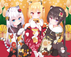 Rule 34 | 3girls, animal, animal ears, animal hands, animal on lap, bamboo, black cat, black hair, blonde hair, blue eyes, blush, bow, cafe omusubiya, cat, cat on lap, character request, chinese zodiac, clothed animal, expressionless, feet, flower, fur collar, gloves, hair bow, hair flower, hair ornament, hand fan, hand up, heterochromia, highres, hugging own legs, isoroku (isrk), japanese clothes, kimono, knees to chest, knees up, long hair, long sleeves, looking at viewer, multiple girls, new year, obi, on lap, original, pacifier, parted lips, paw gloves, paw pose, print kimono, red eyes, sash, seiza, short hair, sitting, smile, socks, striped tail, stuffed animal, stuffed rabbit, stuffed toy, tail, teddy bear, tiger ears, tiger tail, tukimiya ran, twintails, virtual youtuber, white hair, wide sleeves, year of the tiger