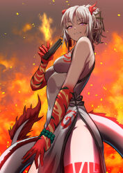 Rule 34 | 1girl, arknights, bead bracelet, beads, bracelet, breasts, china dress, chinese clothes, colored skin, commentary, cowboy shot, dragon girl, dragon horns, dragon tail, dress, earrings, english commentary, eyeshadow, fire, flaming hand, folding fan, from below, from side, gradient skin, hair ornament, hair stick, hand fan, highres, holding, holding fan, horns, jewelry, leg tattoo, looking at viewer, makeup, medium breasts, nian (arknights), nian (unfettered freedom) (arknights), official alternate costume, parted lips, pelvic curtain, pointy ears, ponytail, purple eyes, red eyeshadow, red skin, samacho, short hair, side slit, sleeveless, sleeveless dress, smile, solo, standing, tail, tattoo, thighs, white dress, white hair