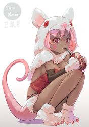 Rule 34 | 1girl, animal hood, breast press, breasts, capelet, cup, dark-skinned female, dark skin, disposable cup, drinking straw, facial mark, fingerless gloves, full body, fur, gloves, gradient background, holding, holding cup, hood, large breasts, looking at viewer, mouse girl, mouse tail, original, paw shoes, pink hair, purple eyes, simple background, solo, squatting, tail, tomamatto, whisker markings