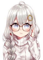 Rule 34 | 1girl, ahoge, bespectacled, blue eyes, blunt bangs, blush, braid, breasts, closed mouth, commentary request, earrings, eyelashes, glasses, hair ornament, highres, jewelry, kizuna akari, long hair, sidelocks, silver hair, simple background, sleeves past wrists, solo, sweater, turtleneck, turtleneck sweater, twin braids, voiceroid, white background, yamada sakura