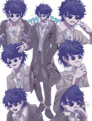 Rule 34 | 1boy, blue-tinted eyewear, blue eyes, blue hair, character name, chest tattoo, cigarette, closed eyes, coat, collared shirt, commentary request, coughing, expressions, facial hair, full body, funa27 59, glasses, goatee stubble, grey coat, hand up, highres, hood, hooded coat, long sleeves, looking at viewer, looking to the side, looking up, male focus, master detective archives: rain code, multiple views, open mouth, pants, round eyewear, shirt, short hair, simple background, skull print, smile, smoke, smoking, standing, stubble, surprised, sweatdrop, tattoo, tinted eyewear, turn pale, upper body, white background, white shirt, yakou furio