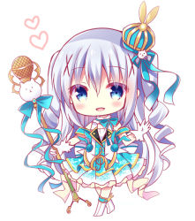 Rule 34 | 1girl, :d, bitter crown, blue eyes, blue hair, blue skirt, blush, boots, chibi, commentary request, crown, daydream show, full body, gloves, gochuumon wa usagi desu ka?, hair between eyes, hair ornament, hand up, heart, holding, holding microphone stand, idol, kafuu chino, knee boots, long hair, microphone, microphone stand, mini crown, open mouth, pleated skirt, print skirt, ringlets, shirt, simple background, skirt, smile, snowflake print, solo, standing, tippy (gochiusa), two side up, very long hair, white background, white footwear, white gloves, white shirt, x hair ornament