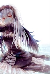 Rule 34 | 1girl, backlighting, black dress, black wings, dress, gothic lolita, hairband, highres, layered dress, lolita fashion, lolita hairband, long hair, looking at viewer, poison916, red eyes, rozen maiden, silver hair, solo, suigintou, very long hair, white dress, wings
