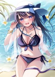Rule 34 | 1girl, :d, arm support, bangle, bare shoulders, bikini, black bikini, black hair, blue bow, blue eyes, blush, bow, bracelet, breasts, cleavage, collarbone, commentary request, earrings, flower, flower on liquid, halterneck, hand up, hat, hat bow, jewelry, long hair, looking at viewer, medium breasts, nail polish, navel, open mouth, original, pink nails, sakura hiyori, see-through, shallow water, side-tie bikini bottom, sitting, smile, solo, sun hat, swimsuit, swimsuit cover-up, teeth, thigh gap, upper teeth only, very long hair, water, white flower, white hat