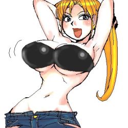 Rule 34 | 1girl, armpits, arms behind head, blonde hair, blue eyes, breasts, denim, haruoh, jeans, large breasts, lowres, makeup, motion lines, navel, pants, ponytail, sarah bryant, sega, shorts, smile, solo, strapless, tube top, underboob, virtua fighter