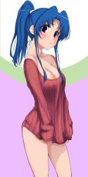 Rule 34 | 1girl, absurdres, artist request, blue hair, blush, breasts, cleavage, highres, kawashima ami, looking at viewer, no pants, ponytail, purple eyes, solo, toradora!