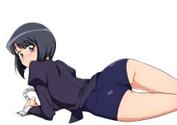 Rule 34 | 1girl, absurdres, ass, black hair, blue eyes, haruhisky, unworn headwear, highres, long sleeves, lying, maid headdress, on side, one-piece swimsuit, puffy sleeves, shiny skin, short hair, siesta (zero no tsukaima), simple background, smile, solo, swimsuit, swimsuit under clothes, transparent background, white background, wrist cuffs, zero no tsukaima