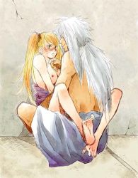 Rule 34 | 1boy, 1girl, against wall, age difference, artist request, barefoot, blonde hair, blue eyes, blush, breasts, closed eyes, clothed sex, facial mark, facing another, feet, full body, genderswap, genderswap (mtf), hair tie, hand up, happy, hetero, implied sex, jiraiya (naruto), leg hold, leg lock, leg wrap, long hair, looking at another, medium breasts, naruko (naruto), naruto, naruto (series), nipples, on lap, on person, open mouth, parted lips, ponytail, sex, sitting, sitting on lap, sitting on person, smile, soles, straddling, teacher and student, teeth, toes, tongue, topless, twintails, upright straddle, uzumaki naruto, vaginal, wall, whisker markings, whiskers, white hair