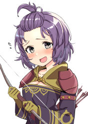 Rule 34 | 1girl, :d, absurdres, ao (flowerclasse), arrow (projectile), bangs pinned back, bernadetta von varley, black dress, blush, bow (weapon), breasts, brown gloves, cleavage, collarbone, commentary request, dress, fire emblem, fire emblem: three houses, fire emblem warriors, fire emblem warriors: three hopes, flying sweatdrops, forehead, gloves, grey eyes, highres, holding, holding bow (weapon), holding weapon, long sleeves, looking at viewer, medium breasts, nintendo, open mouth, purple hair, quiver, simple background, smile, solo, upper body, weapon, white background, wide sleeves