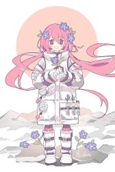 Rule 34 | 1girl, artist name, astronaut, belt, belt boots, blush, boots, buttons, circle, commentary, crying, english commentary, english text, floating hair, flower, gloves, hair between eyes, hair flower, hair ornament, highres, holding, holding flower, leaf hair ornament, light, long hair, looking at object, looking down, melanbread, open mouth, original, pink hair, purple eyes, purple flower, rock, signature, smile, solo, spacesuit, straight-on, sun symbol, tears, test tube, twintails, very long hair, white footwear, white gloves