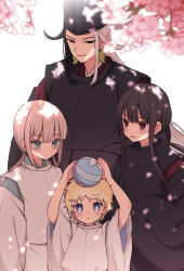 Rule 34 | 4boys, arms up, ashiya douman (fate), ball, black eyes, black hair, black headwear, black robe, blonde hair, blue eyes, branch, bright pupils, brown eyes, captain nemo (fate), closed mouth, earrings, evil smile, falling petals, fate/grand order, fate (series), flower, green eyes, grey hair, half-closed eyes, hat, highres, holding, holding ball, jewelry, long hair, long sleeves, looking at another, looking at viewer, looking down, looking up, low ponytail, magatama, magatama earrings, male focus, moyashi (momoyashi 321), multicolored hair, multiple boys, nemo (fate), oda nobukatsu (fate), parted lips, petals, pink flower, robe, short hair, sidelocks, smile, tate eboshi, two-tone hair, voyager (fate), white background, white pupils, white robe, wide sleeves