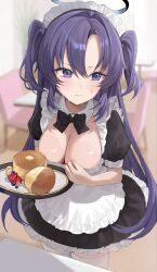 Rule 34 | 1girl, absurdres, alternate costume, apron, banana, black dress, blue archive, blue eyes, blueberry, blurry, blurry background, blush, breasts, cafe, cleavage, commentary request, cowboy shot, dress, food, frilled apron, frills, fruit, halo, highres, indoors, large breasts, long hair, looking to the side, maid, maid apron, maid headdress, mechanical halo, pancake, purple hair, ri yonn, solo, souffle pancake, standing, strawberry, thighhighs, two side up, white apron, white thighhighs, yuuka (blue archive)