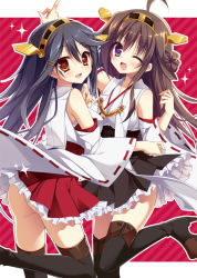 Rule 34 | 10s, 2girls, :d, ;d, ass, bare shoulders, black hair, black legwear, blush, boots, breasts, brown hair, detached sleeves, double bun, frilled skirt, frills, hair ornament, hairband, hairclip, haruna (kancolle), headgear, high heel boots, high heels, japanese clothes, kantai collection, kongou (kancolle), large breasts, long hair, matsumiya kiseri, multiple girls, no panties, nontraditional miko, one eye closed, open mouth, personification, purple eyes, ribbon-trimmed sleeves, ribbon trim, skirt, smile, thigh boots, thighhighs, yellow eyes, zettai ryouiki