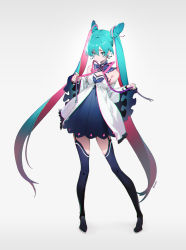 Rule 34 | 1girl, alternate costume, aqua eyes, aqua hair, blue dress, blue thighhighs, breasts, chromatic aberration, cleavage, closed mouth, commentary, cone hair bun, detached collar, double bun, dress, frilled sleeves, frills, full body, garter straps, gradient background, grey background, hair between eyes, hair bun, hatsune miku, highres, holding, holding ribbon, long hair, medium breasts, multicolored hair, off-shoulder dress, off shoulder, olys, pink hair, pink ribbon, ribbon, short dress, simple background, solo, standing, symbol-only commentary, thighhighs, twintails, twitter username, two-tone hair, very long hair, vocaloid, white background, white dress, wide sleeves, zettai ryouiki