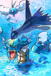 Rule 34 | animal focus, bird tail, blue skin, blue theme, bright pupils, claws, cloud, colored skin, commentary request, creatures (company), dragonair, dratini, fins, flying, game freak, gen 1 pokemon, gen 3 pokemon, gyarados, head fins, head wings, highres, horns, korean commentary, latias, legendary pokemon, nintendo, no humans, open mouth, outdoors, pokemon, pokemon (creature), red eyes, seonforest, sharp teeth, single horn, solid oval eyes, swablu, sweat, tail, teeth, water, white pupils, wings