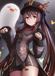 Rule 34 | 1girl, black coat, black nails, black shorts, brooch, brown hair, bug, butterfly, coat, coattails, collared coat, collared shirt, colored tips, cowboy shot, flower, flower-shaped pupils, genshin impact, ghost, hair between eyes, hat, hat ornament, highres, hu tao (genshin impact), insect, jewelry, long hair, long sleeves, looking at viewer, manda (manda9n), multicolored hair, multiple rings, nail polish, parted lips, plum blossoms, ponytail, porkpie hat, red eyes, red shirt, ring, shirt, short shorts, shorts, sleeves past wrists, smile, solo, symbol-shaped pupils, talisman, tassel, twintails, very long hair