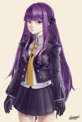 Rule 34 | 1girl, absurdres, alternate hair color, arms at sides, black gloves, black jacket, braid, closed mouth, collared shirt, cowboy shot, danganronpa: trigger happy havoc, danganronpa (series), dated, gloves, highres, jacket, kirigiri kyoko, long hair, long sleeves, looking at viewer, luicent, miniskirt, necktie, open clothes, open jacket, pleated skirt, purple eyes, purple hair, shirt, signature, simple background, skirt, solo, standing, very long hair, white shirt, wing collar, yellow background, yellow necktie