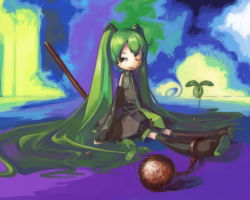 Rule 34 | 1girl, :x, ball and chain restraint, clover, detached sleeves, green eyes, green hair, hatsune miku, long hair, matching hair/eyes, myu, necktie, one eye closed, sitting, solo, thighhighs, twintails, very long hair, vocaloid, wink