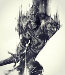 Rule 34 | 1other, armor, bearer of the curse, dark souls (series), dark souls ii, facing viewer, full armor, grey background, greyscale, helmet, highres, holding, holding sword, holding weapon, monochrome, pauldrons, shimhaq, shoulder armor, signature, simple background, solo, standing, sword, weapon