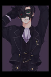 Rule 34 | 1boy, arms up, bad id, bad pixiv id, black hair, black sclera, colored eyelashes, colored sclera, ascot, formal, gloves, green eyes, heterochromia, male focus, mask, mismatched sclera, okmr, purple background, red eyes, smile, solo, suit, tales of (series), tales of xillia, tales of xillia 2, victor (tales)