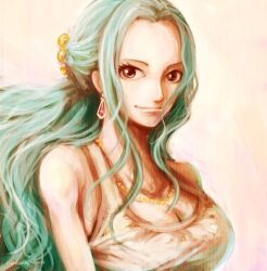 Rule 34 | 1girl, artist name, bare shoulders, black eyes, blue hair, closed mouth, earrings, hair ornament, jewelry, long hair, looking at viewer, necklace, nefertari vivi, one piece, smile, solo, third-party source, torapunch
