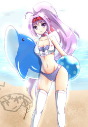 Rule 34 | 1girl, bad id, bad pixiv id, ball, beachball, bikini, breasts, choker, cleavage, dolphin, highres, inflatable dolphin, inflatable toy, long hair, looking at viewer, navel, original, ponytail, purple eyes, purple hair, shiny skin, skindentation, smile, swimsuit, thighhighs, very long hair, zetsuei (zetto)