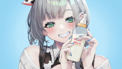 Rule 34 | 1girl, absurdres, animal ears, blue background, blunt bangs, bottle, cow ears, green eyes, grey hair, grin, highres, holding, holding bottle, hololive, looking at viewer, mikan (chipstar182), nail polish, portrait, shirogane noel, shirogane noel (casual), short hair, smile, solo, virtual youtuber