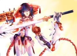Rule 34 | angry, blue hair, gloves, mecha musume, original, purple eyes, short hair, solo, sword, tail, thighhighs, weapon, zen99