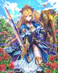 Rule 34 | 1girl, aiming, aiming at viewer, armor, armored dress, belt, black belt, black gloves, blonde hair, blue dress, bow, breastplate, bush, center frills, closed mouth, cloud, copyright notice, day, double-parted bangs, dress, dress bow, earrings, falling petals, faulds, feet out of frame, fence, fighting stance, flower, frilled dress, frills, gloves, hair between eyes, hair bow, holding, holding shield, holding sword, holding weapon, jewelry, juliet sleeves, light particles, long hair, long sleeves, looking at viewer, official art, outdoors, petals, pink flower, pink rose, pointy ears, poleyn, puffy sleeves, purple bow, purple eyes, red flower, red rose, rose, rose bush, sengoku no tora z, shield, shirt, side slit, sila (carpen), solo, standing, sword, thighhighs, tiara, v-shaped eyebrows, vambraces, weapon, white shirt, white thighhighs, wide ponytail