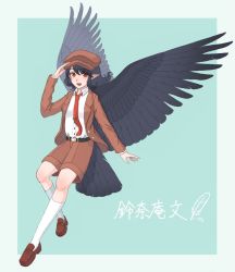 Rule 34 | 1girl, bird tail, bird wings, black hair, black tail, black wings, blue background, border, breasts, brown footwear, brown hat, brown jacket, brown shorts, buttons, cabbie hat, channel ikihaji, collared shirt, commentary request, feathered wings, flat cap, full body, hand on headwear, hat, highres, jacket, kneehighs, loafers, long sleeves, looking at viewer, medium hair, necktie, open mouth, pointy ears, red eyes, red necktie, shameimaru aya, shameimaru aya (newsboy), shirt, shoes, shorts, small breasts, socks, solo, suit jacket, tail, tie clip, touhou, translation request, white border, white shirt, white socks, wings