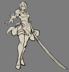 Rule 34 | 1girl, artist request, boots, breasts, feather-trimmed sleeves, female focus, high heel boots, high heels, katana, monochrome, nier (series), nier:automata, short hair, standing, sword, thick thighs, thigh boots, thighhighs, thighs, weapon, 2b (nier:automata)
