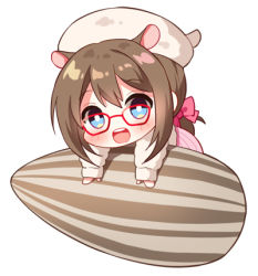 Rule 34 | 1girl, :d, animal ears, beret, blush, bow, brown hair, chibi, copyright request, dress, glasses, hair between eyes, hair bow, hamster ears, hat, jacket, long hair, long sleeves, lowres, mauve, open clothes, open jacket, open mouth, pink sweater, red-framed eyewear, red bow, seed, simple background, sleeves past wrists, smile, solo, sunflower seed, sweater, sweater dress, teeth, upper teeth only, virtual youtuber, white background, white hat, white jacket