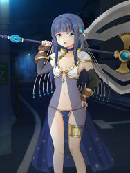 Rule 34 | 1girl, armor, axe, bikini, bikini armor, blue dress, blue eyes, blue hair, blunt bangs, breasts, brown gloves, choker, dress, elbow gloves, fingerless gloves, gilcrows, gloves, gluteal fold, groin, hand on own hip, highres, huge weapon, legs, long hair, lowleg, lowleg bikini, magia record: mahou shoujo madoka magica gaiden, mahou shoujo madoka magica, metal bikini, nanami yachiyo, navel, night, open clothes, open dress, open mouth, outdoors, pauldrons, see-through, shoulder armor, small breasts, solo, swimsuit, thigh gap, thighlet, thighs, weapon